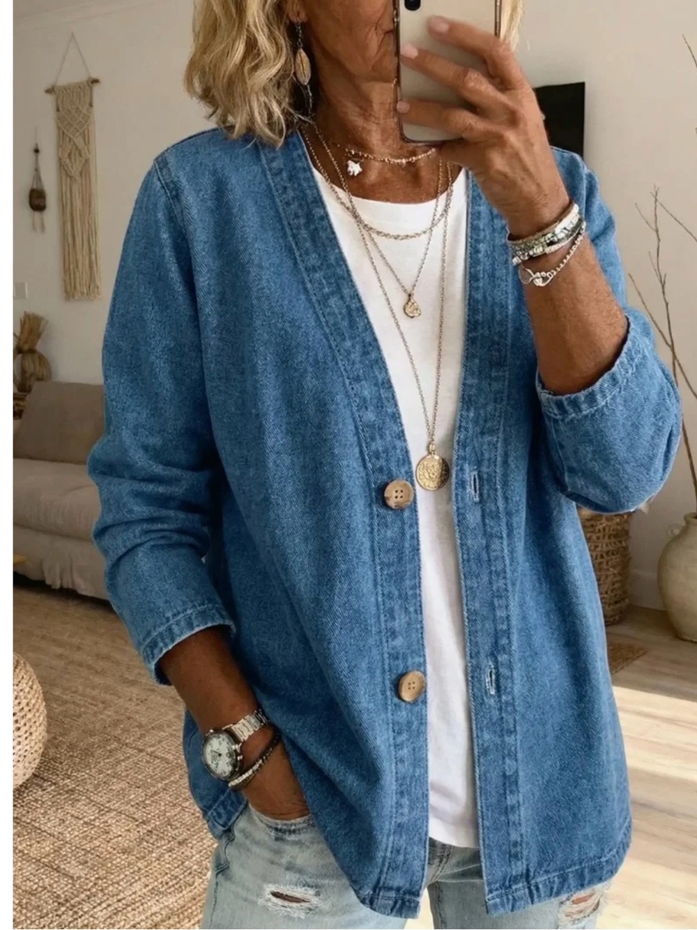 Casual Blue Denim Button Cardigan Jacket